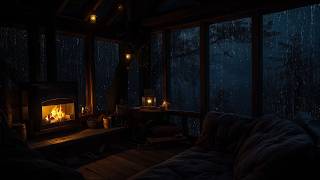 Quiet Rainfall and Fireplace in a Rustic Cabin | Rainy Night Ambience for Relaxation and Focus