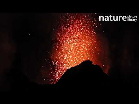 Stromboli volcano erupting at night, Sicily, Italy, October.