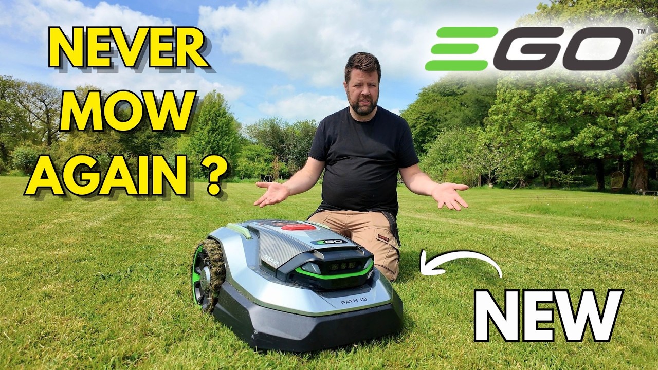 EGO Aura R2 robotic lawn mower operating on garden lawn