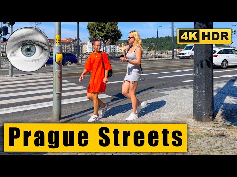 Prague Walking Tour on the shadow side of the street to Slavonic Island🇨🇿 Сzech Republic 4k HDR ASMR