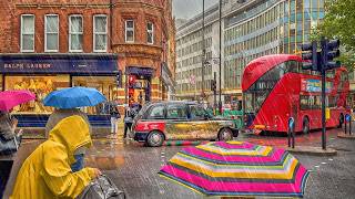 London Heavy Rain Shower ☔️ Luxury Chelsea to Harrods in Knightsbridge Walk Tour | 4K HDR