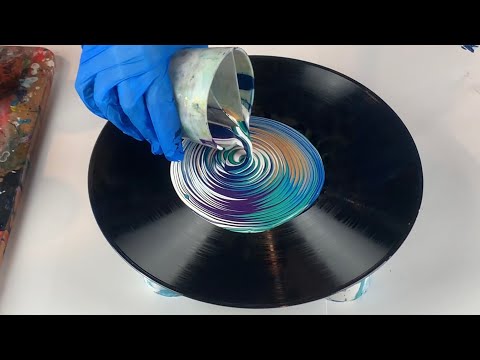(153) Acrylic Pour Painting on a Record -Wrecked Ring Pour 💙