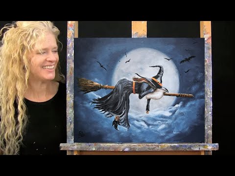 SLEEPING WITCHY - Learn How to Draw and Paint with Acrylics-Easy Halloween Paint and Sip at Home