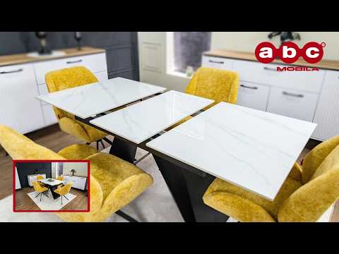Set Masă Living Extensibilă KJT417 Albă cu 4 Scaune KJC4347 Galbene 1