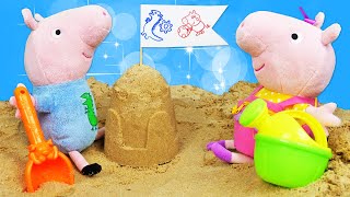 Spielspaß mit Peppa Wutz. Peppa und Schorsch bauen eine Sandburg. Spielzeug Video für Kinder