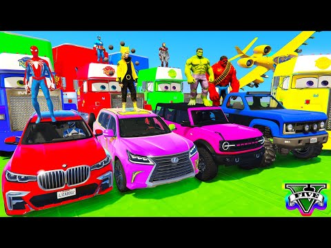 SPIDERMAN CARS Race Challenge on AIRPORT Track ! SUPERHERO HULK Goku FIRE Monster Trucks - GTA 5