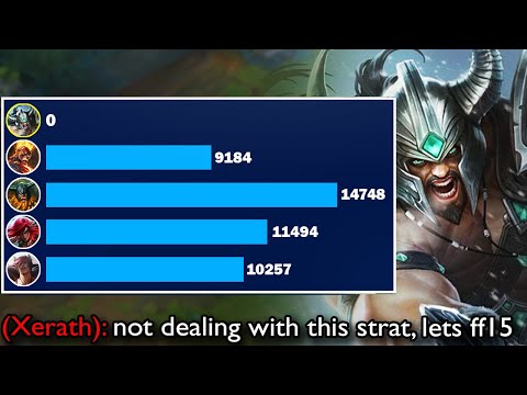 Tryndamere but I'm a Pacifist and did 0 Damage and they surrendered in less than 20 minutes