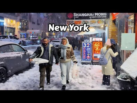 NYC Snowfall Night Walk Through New York City 4k Snowstorm Video