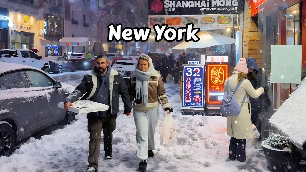 NYC Snowfall Night Walk Through New York City 4k Snowstorm Video