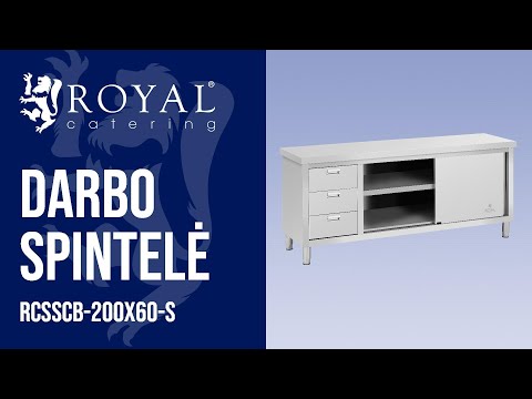 vaizdo įrašas - Darbo spintelė - 200 x 60 x 85 cm - „Royal Catering“ - 600 kg keliamoji galia - 3 stalčiai