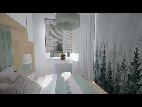 Projekt sypialni z zabudową meblową i biurkiem .