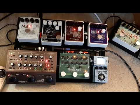 Acoustic Tenor Guitar Pedalboard: Boss AD-10; EHX Synth9, C9, Mel9, TriParallel Mixer; Zoom MS-70CDR