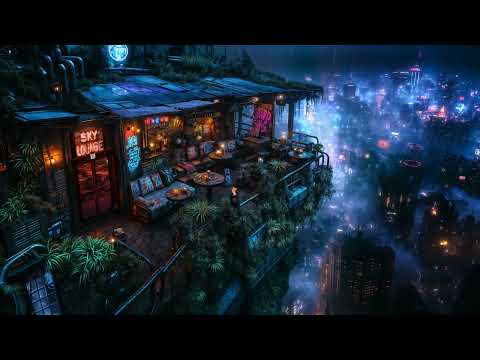 🎵  Sky Lounge Cafe: Reflections Over the Electric Cityscape | Rain and Ambient Music | 4K | 10 hours