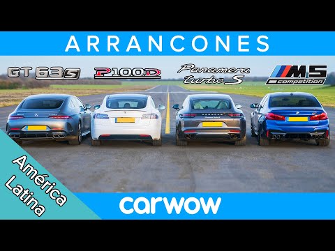 Tesla Model S v AMG GT 4 v BMW M5 v Porsche Panamera Turbo S – ARRANCONES, CARRERA EN MOV. Y FRENADO