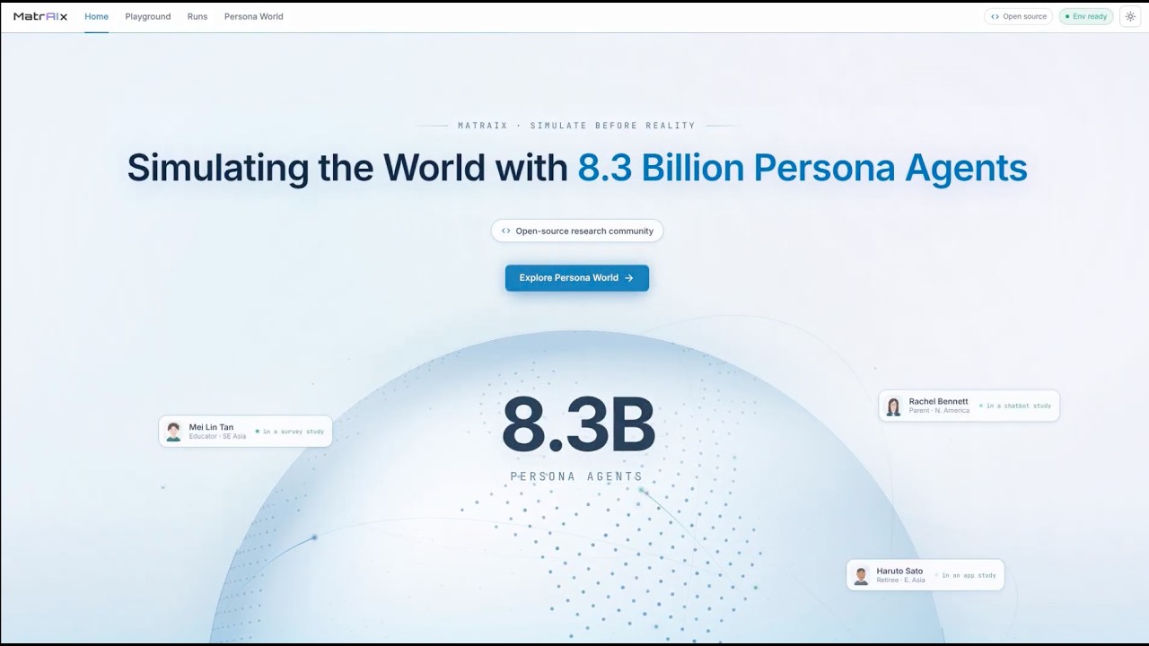 MatrAIx 웹 화면이 8.3 Billion Persona Agents라는 규모와 Persona World 진입 화면을 크게 보여줍니다. 화면 주변에는 서로 다른 지역과 직업을 가진 Mei Lin Tan, Rachel Bennett, Haruto Sato persona 카드가 배치되어 있습니다. 이 구성은 하나의 범용 사용자 대신 여러 persona agent를 구성해 현실 세계를 시뮬레이션한다는 레포지토리의 방향과 연결됩니다.