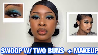 GRWM | SWOOP WITH TWO LOW BUNS TUTORIAL + Blue Makeup Look