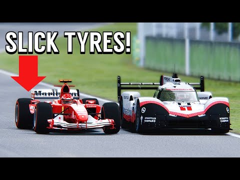 Ferrari F1 2004 with SLICK TYRES vs Porsche 919 EVO at Imola GP