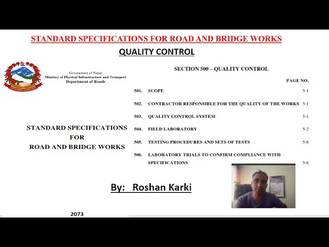 Quality Control section of Standard Specifications for Road and Bridge Works 2073,Nepal