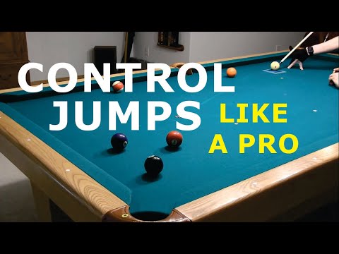 Pool stun/draw/follow jump shots at various cue elevations, with smartphone slo-mo