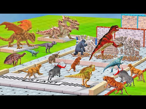 Dinosaurs vs Animals of Different Sizes in a Block Race - Animal Revolt Battle Simulator