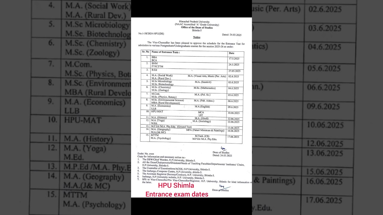 HPU shimla entrance exam dates 2025 #exam #shortvideo #viralvideo #examschedule #date #entance