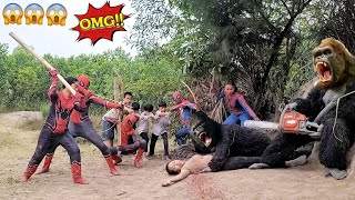 Spider-Man uses a chainsaw to confront two King Kongs to rescue the girl and the children