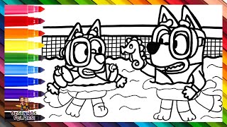 Desenhar e Colorir Bluey e Bingo na Piscina 🐶💦☀️💙 Desenhos para Crianças