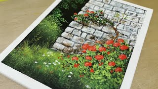 Old Brick Wall With Red Roses/ Acrylic Painting #50