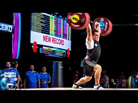 Sohrab Moradi (94kg Iran) 184kg Snatch 233kg Clean and Jerk World Record - all lifts - 2017 worlds