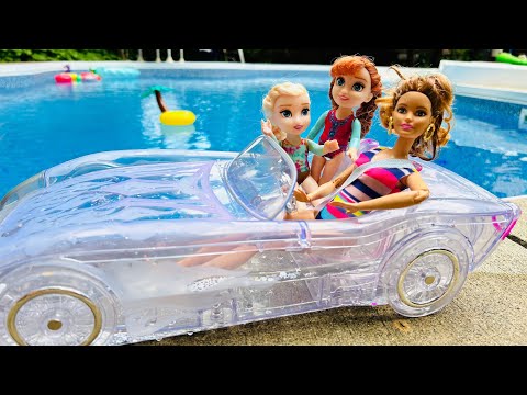 WATER CAR ! Elsa & Anna toddlers - pool - fun - water - BARBIE drives in the water