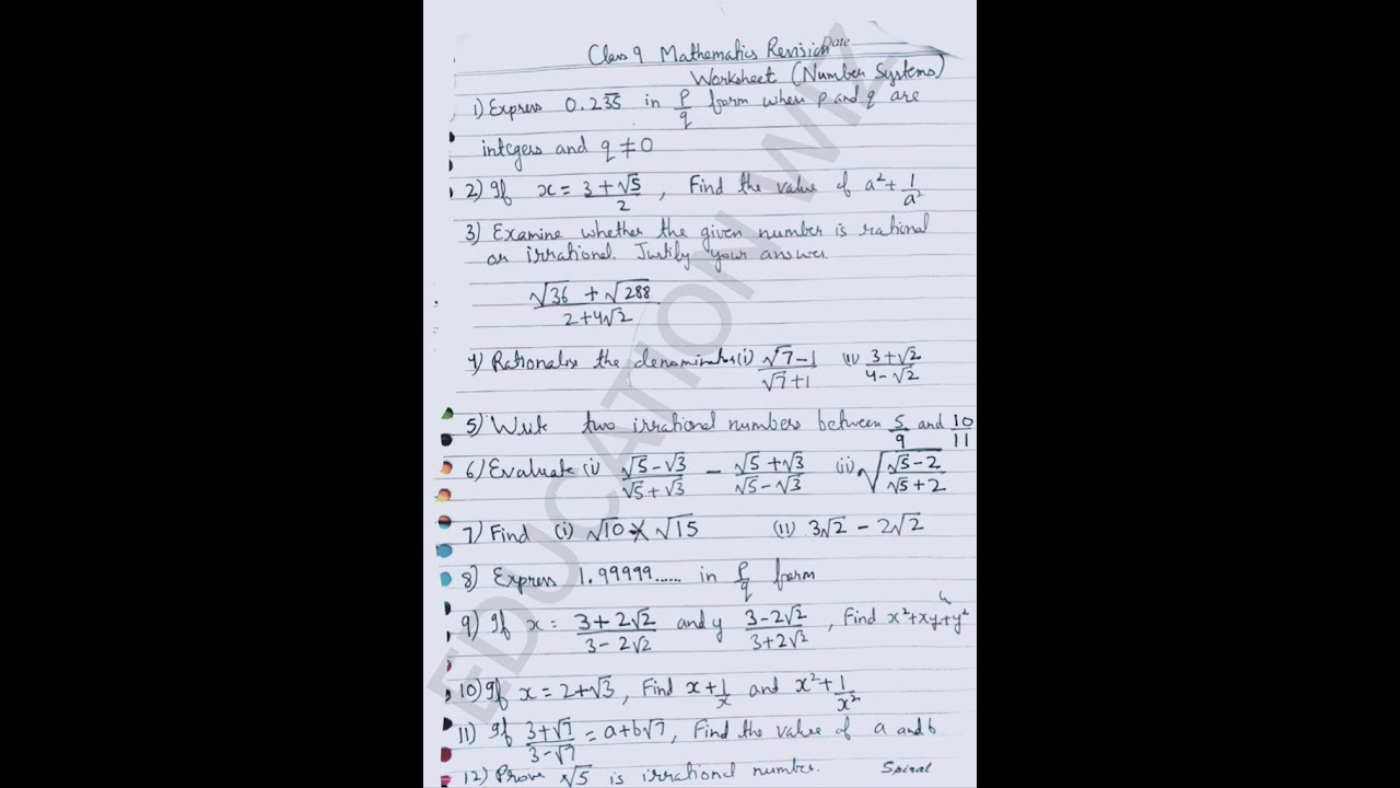 class 9 number systems mathematics Revision worksheet