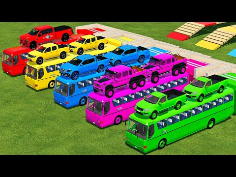 TRANSPORTING TOYOTA, NISSAN, DACIA, MERCEDES PICKUP CARS WITH BUSES - Farming Simulator 22