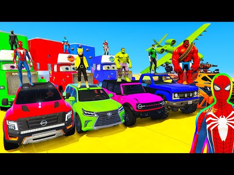 SPIDERMAN CARS Racing Challenge on DOWN FALL Ramp ! SUPERHERO HULK  Goku JEEP Monster Trucks - GTA 5