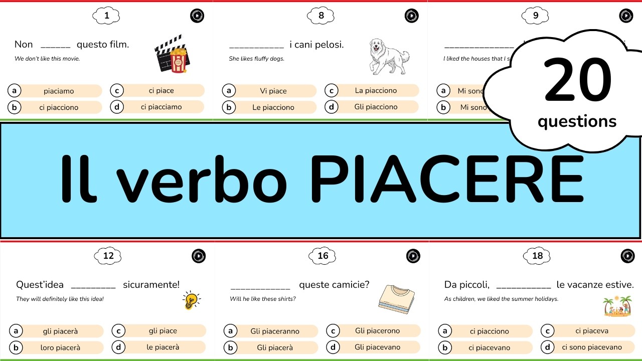 Italian Verb Conjugation Quiz - IL VERBO PIACERE - Level A1 / A2 - Italian for Beginners