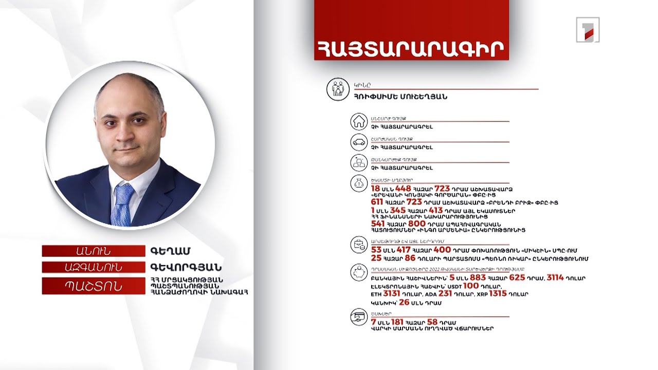 2 անշարժ գույք, 42 մլն դրամ. ՄՊՀ նախագահ Գեղամ Գևորգյանի հայտարարագիրը