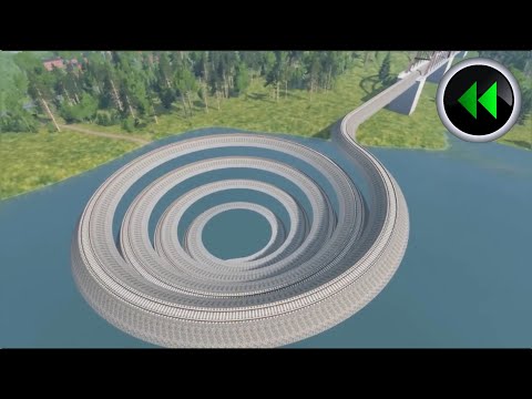 Reverse Trains Crossing Giant Pit vs Impossible Weird Funnel Spiral Rail Tracks - BeamNG Drive