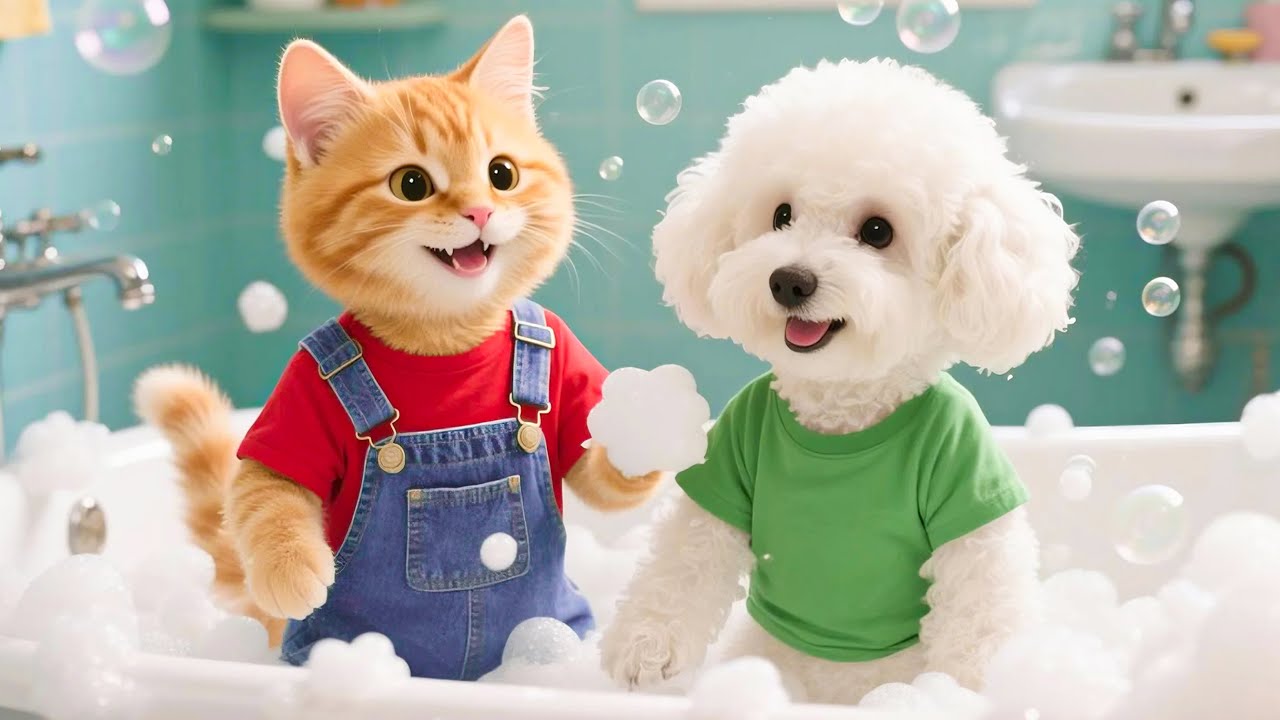 ジンジャー子猫が、親切にも母猫と一緒に、学校へ行く途中で雨に濡れたかわいそうな子犬を保護する