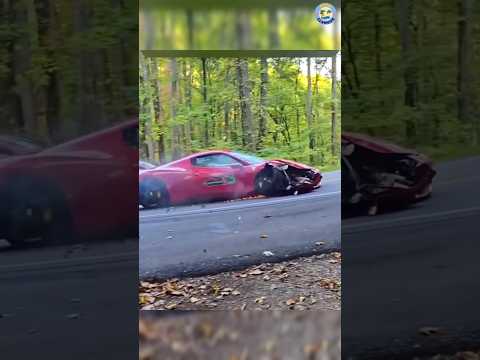 brand new ferrari car crash with truck on road turning. unexpected accident of fleet of ferrari car.