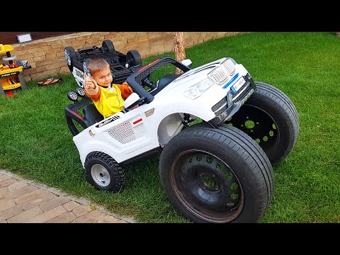 Dima installiert große Räder am Auto und fliegt in einem Flugzeug