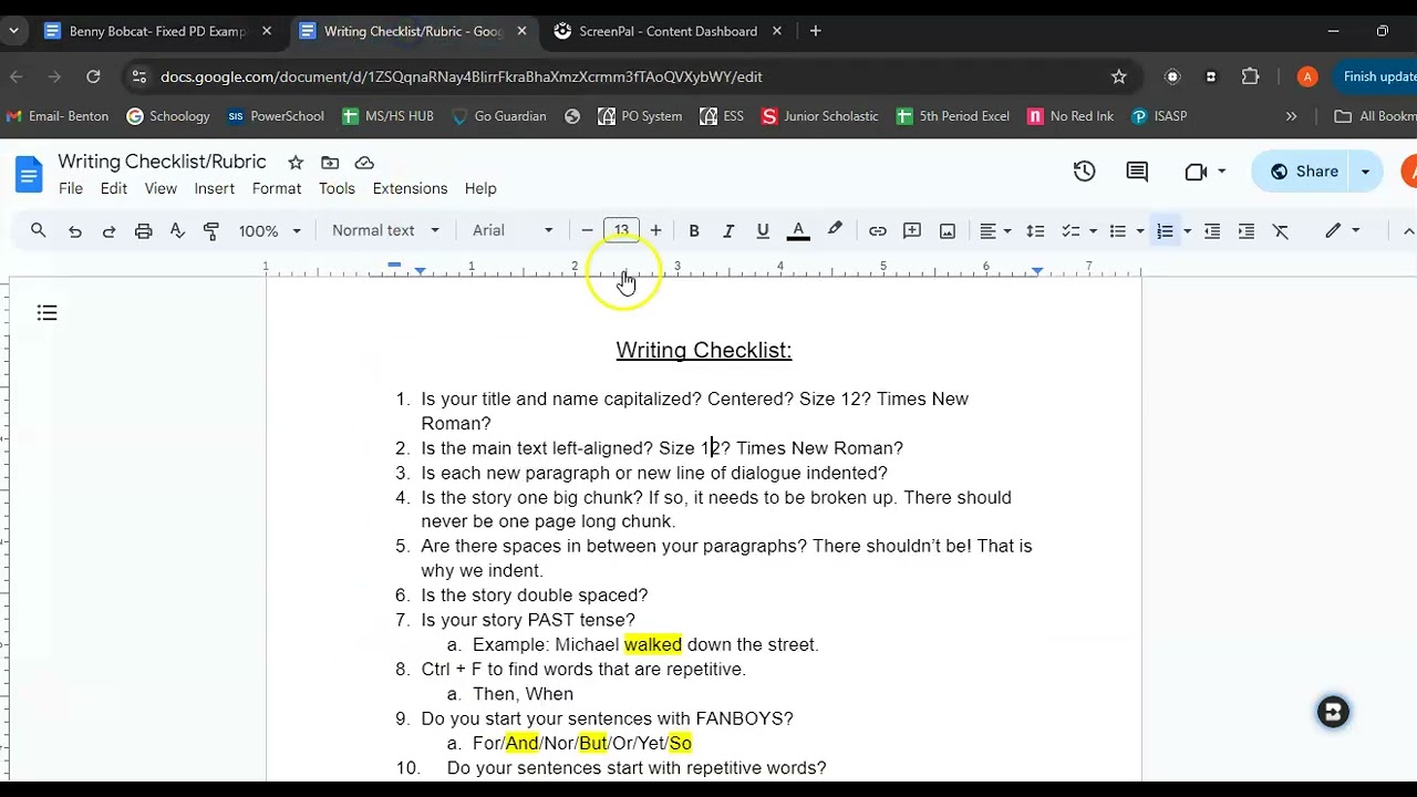 Writing Checklist Explanation & Example