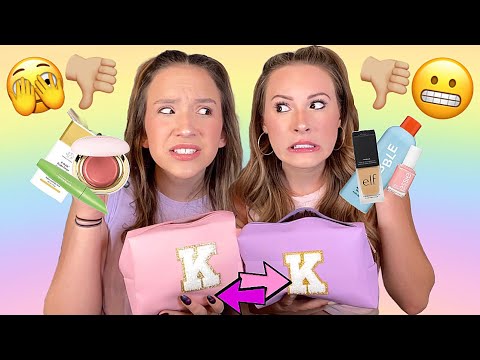 KAYLA & KALLI SWAP MAKEUP BAGS CHALLENGE 🔁😳💄