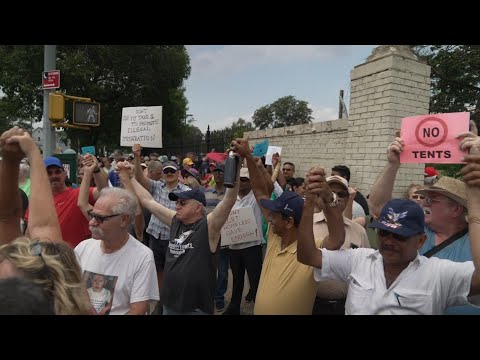 "No Tent City!" - Protest against migrants tent-city being built in Creedmore Queens