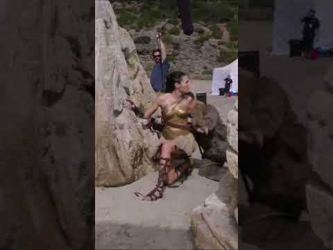 Gal Gadot  behind the scenes moment while filming "Wonder Woman"