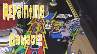 Repainting The Simpsons Pinball Machine Playfield By Hand - Ball Damage Repair - Data East 1990