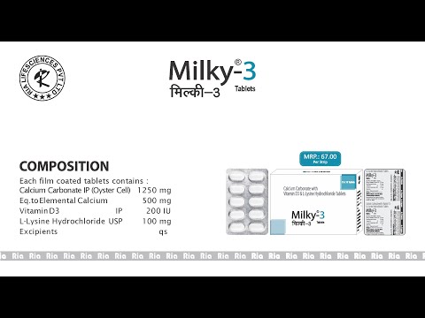 Milky-3 calcium carbonate 1250 mg, vit d3 200 iu, lysine 100...