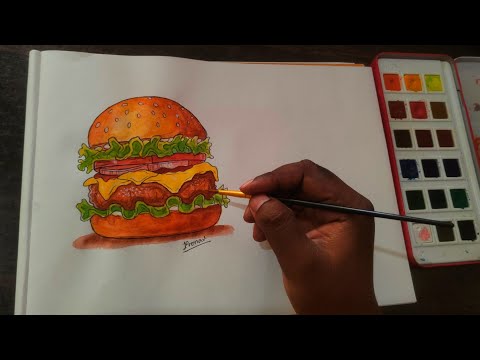 How to draw Burger Watercolor Painting | Food Art 🎨🍔