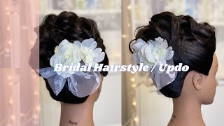 Bridal Hairstyle w/ White Flowers & Lace Hair Accessories / Bridal Updo / Big Curls / @tomokoloco