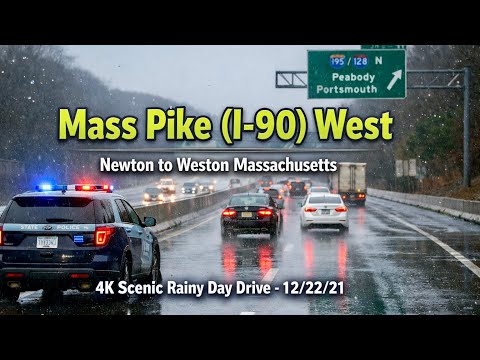 🌧️ Mass Pike (I-90) West | Newton to Weston Massachusetts | 4K Scenic Rainy Day Drive - 12/22/21