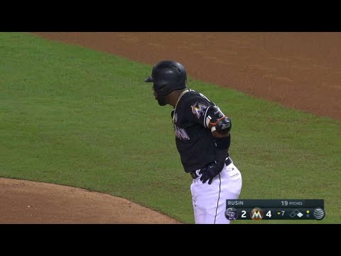 COL@MIA: Ozuna gets tagged out after a turn at first