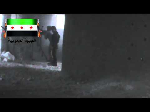 استهداف المساكن العسكرية في الشيخ مسكين في ريف درعا بالدوشكا من قبل لواء شباب السنة